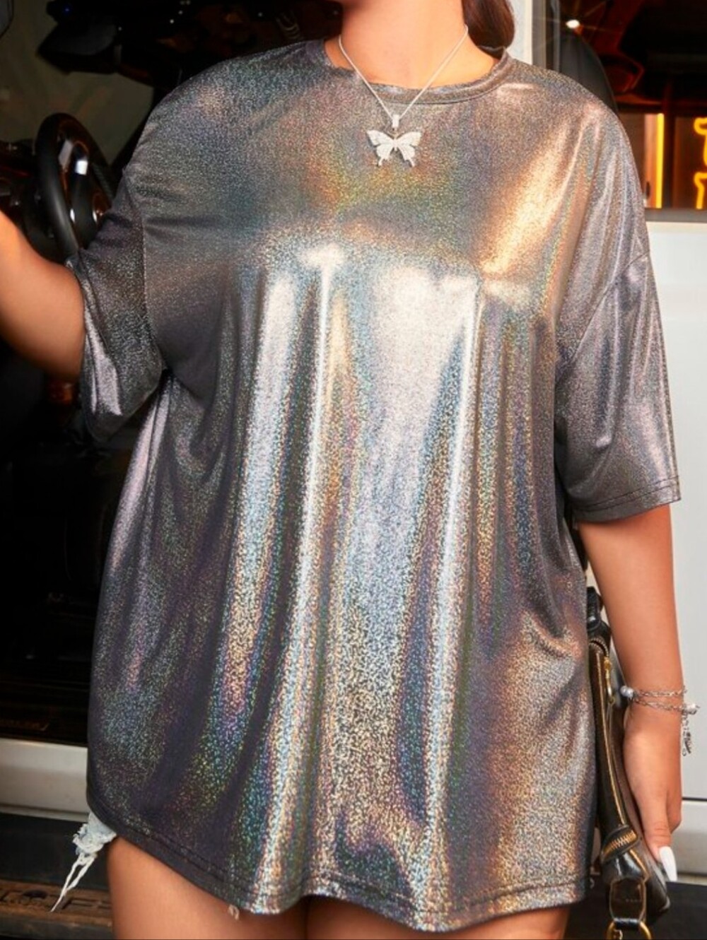 SHEIN ICON Plus Holographic Drop Shoulder Metallic Tee